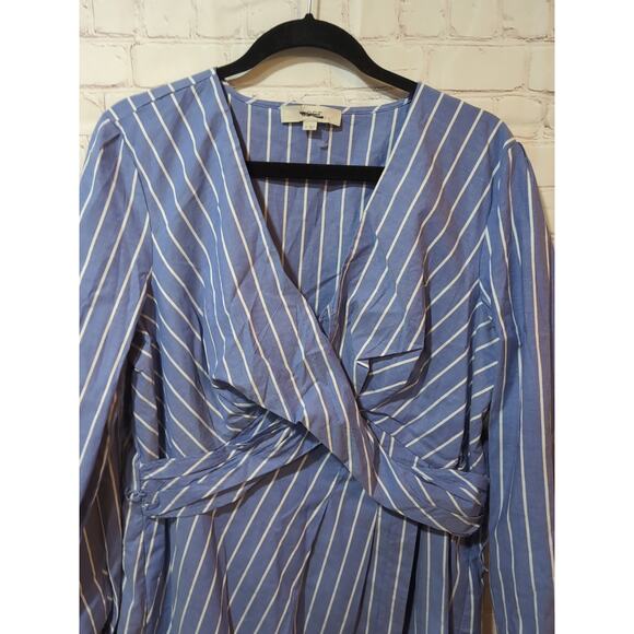 LOFT Shirt Dress Sz 16 Blue White Striped Long Sleeve Wrap Midi V-Neck - Picture 5 of 15